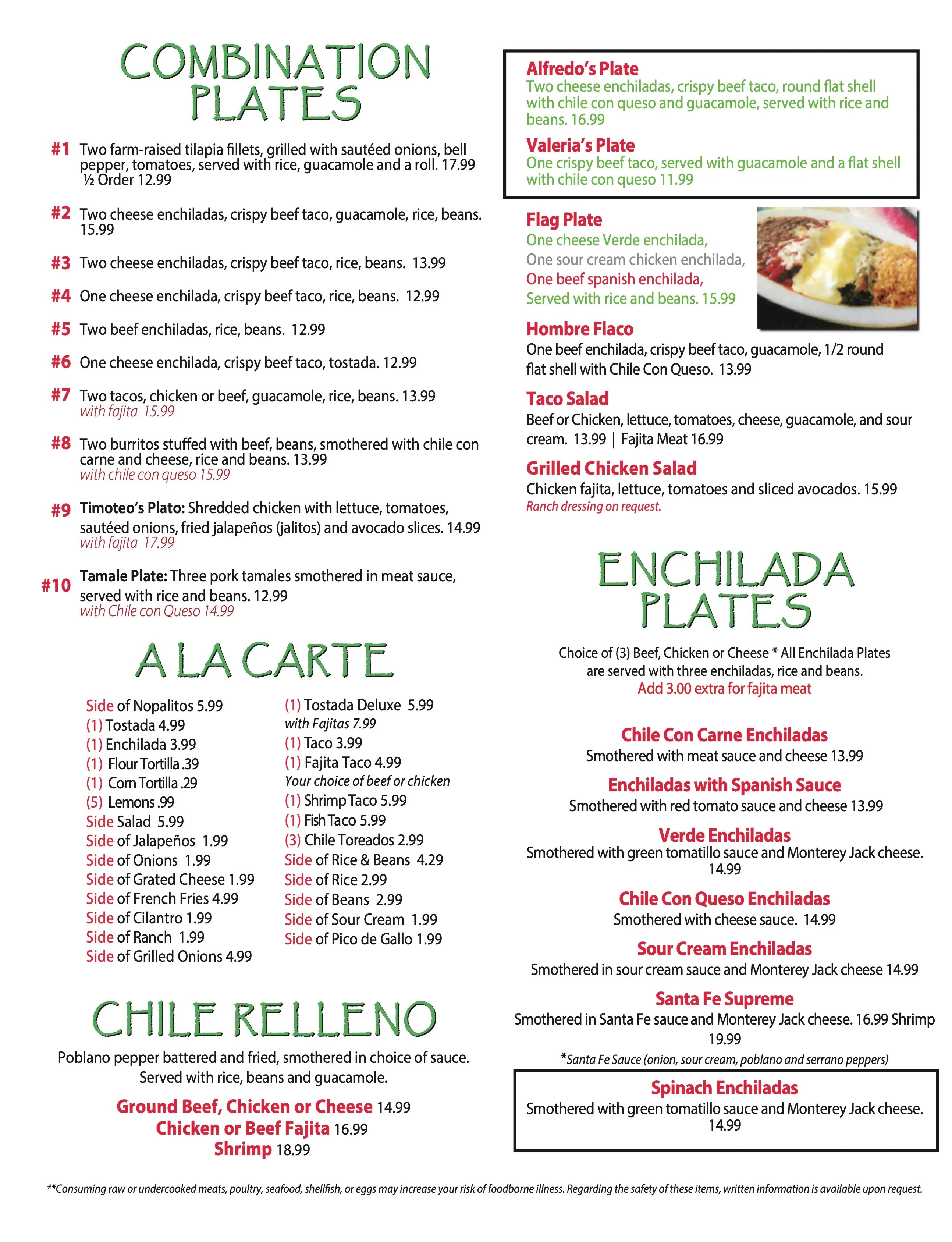 Alfredo's Mexican Restaurant Kingsland menu page 2 — combination plates and dinner plates