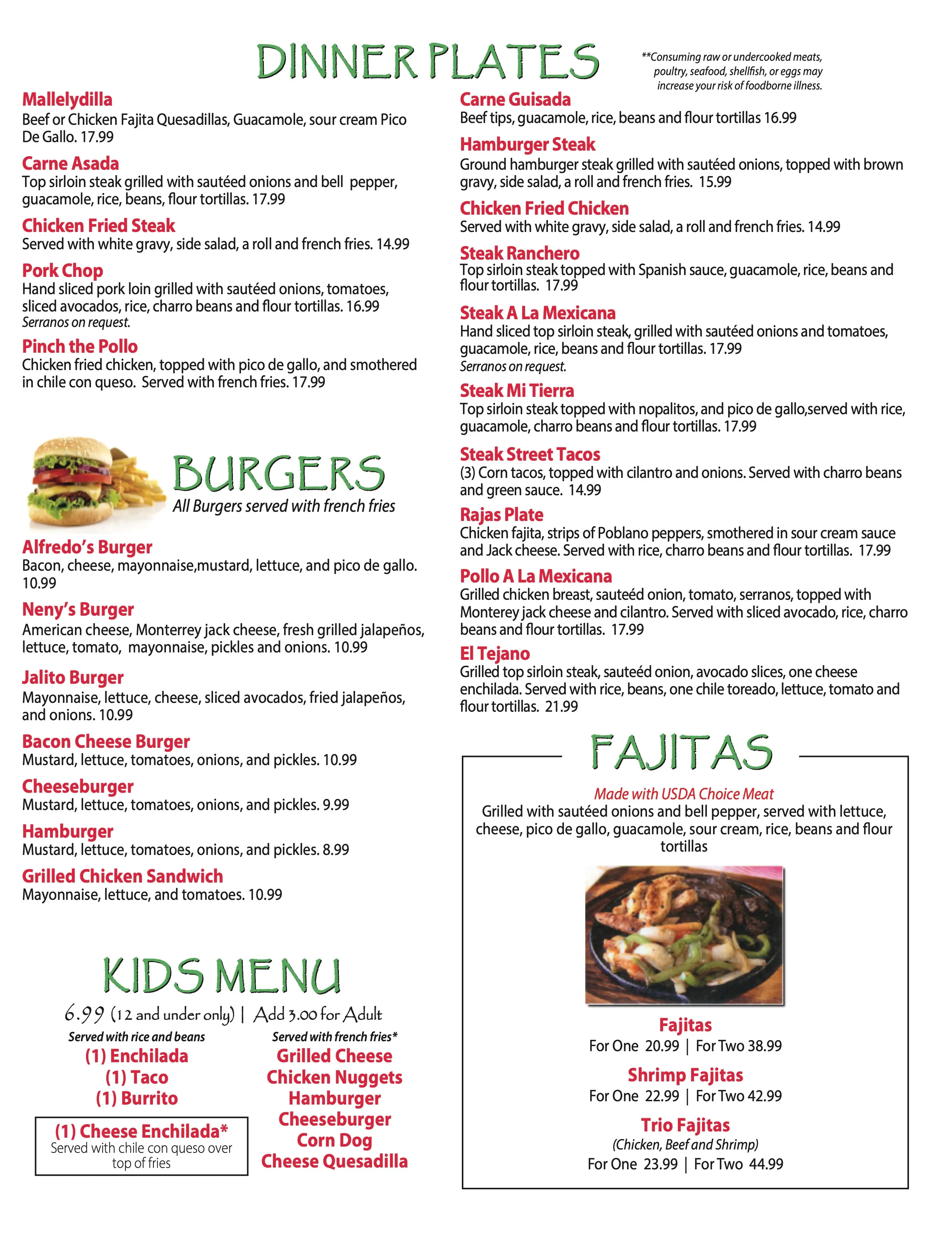 Alfredo's Mexican Restaurant Kingsland menu page 3 — burgers, kids menu, and desserts
