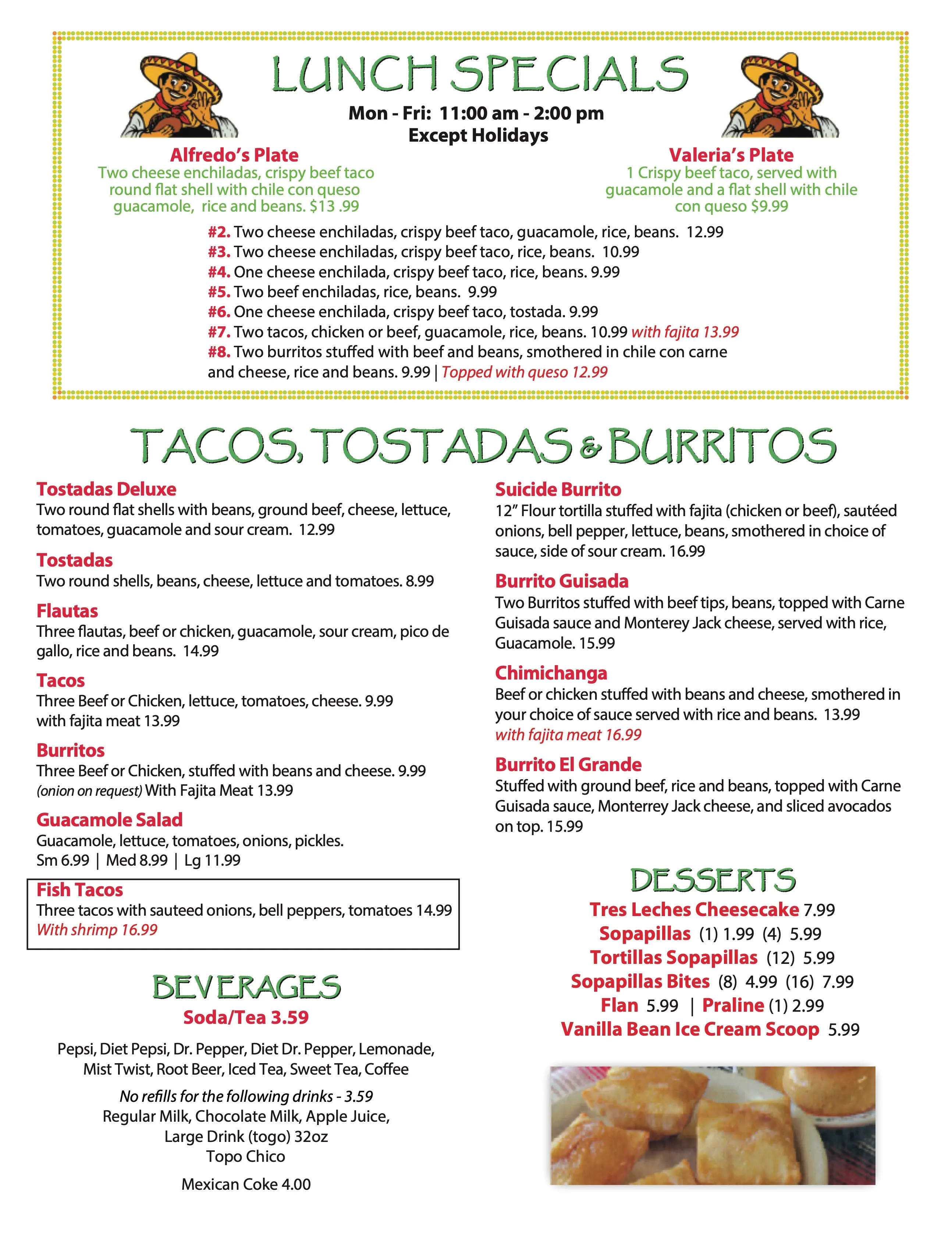 Alfredo's Mexican Restaurant Kingsland menu page 4 — appetizers, beverages, and a la carte