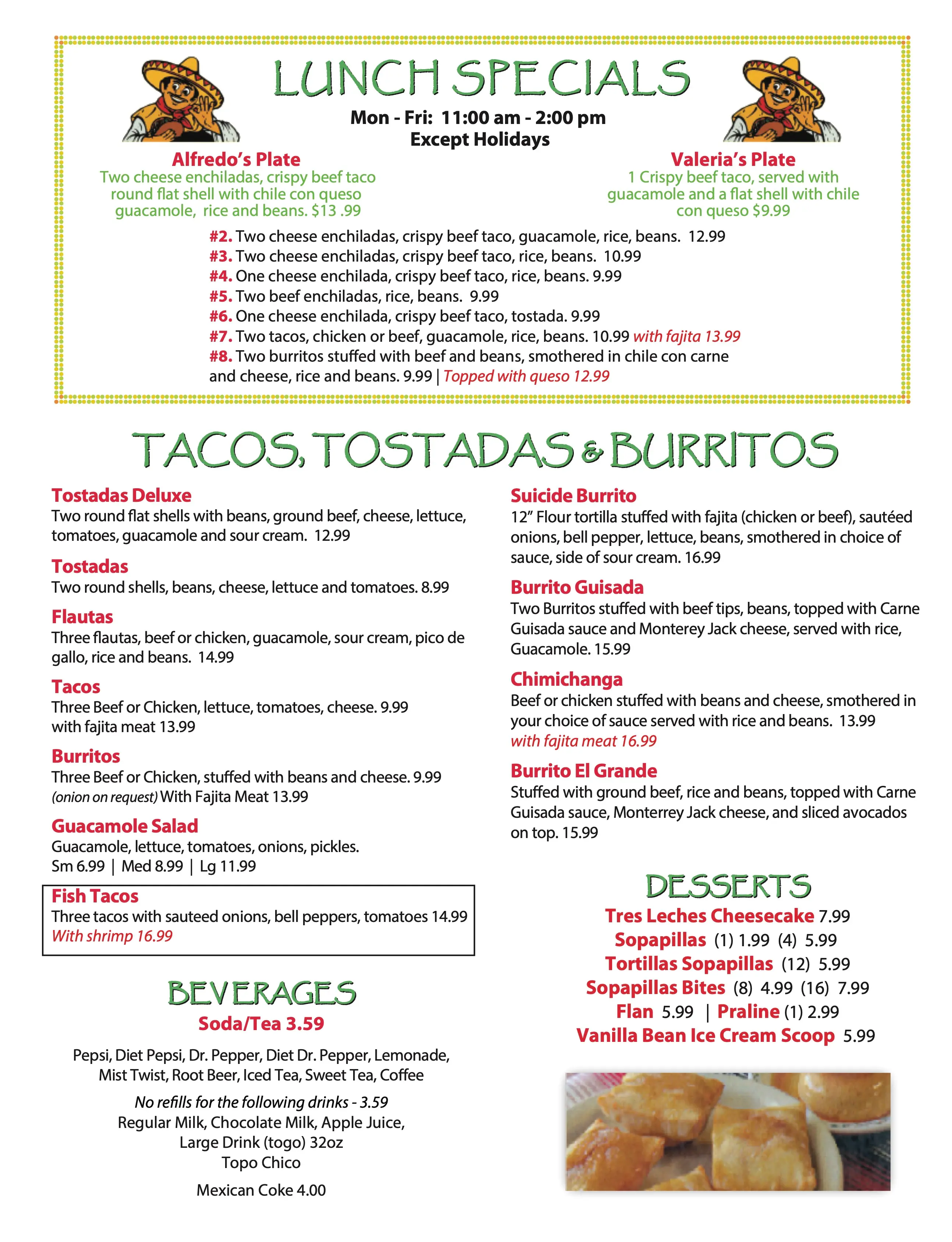 Alfredo's Mexican Restaurant Lampasas menu page 4 — appetizers, beverages, and a la carte